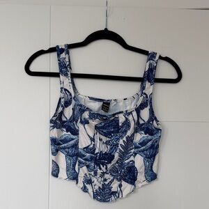 Blue and White Print Crop Top